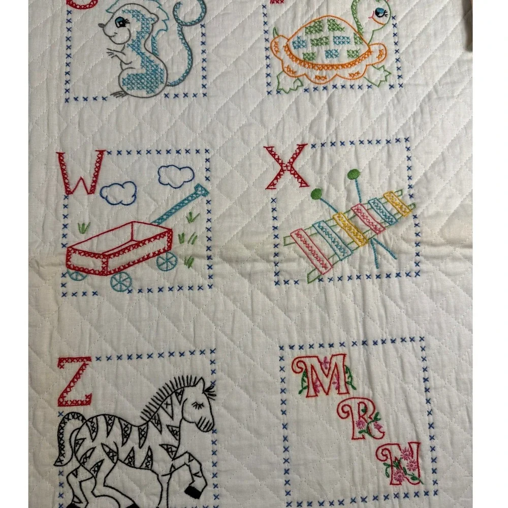 Vintage Bucilla Alphabet Quilted Crib Cover and Bibs Set Hand Embroidered 70s